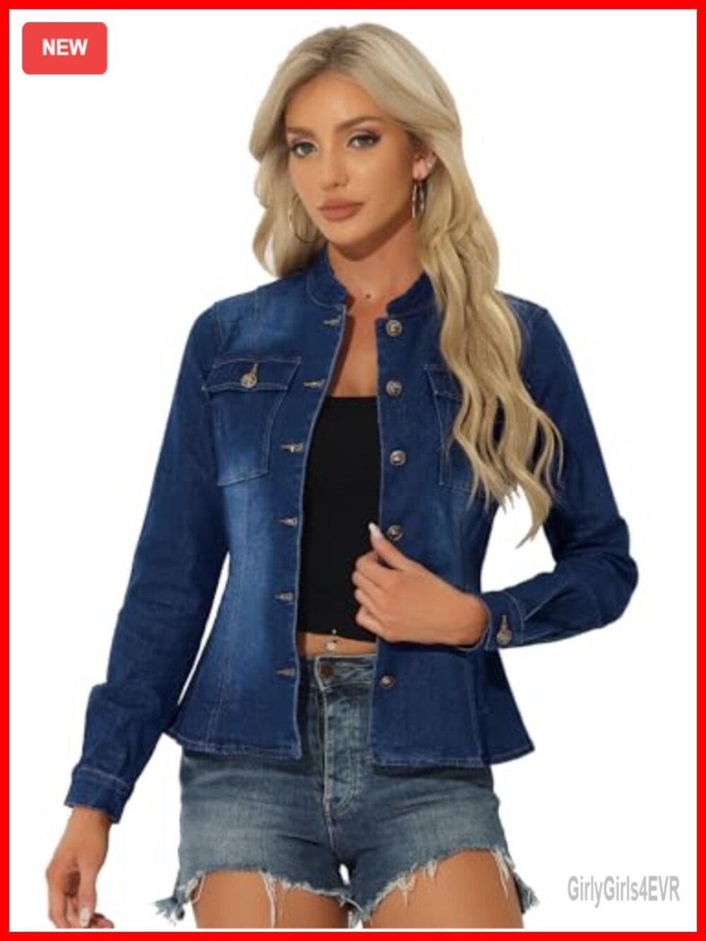 Women's Classic Stand Collar Long Sleeve Button Front Denim Jacket